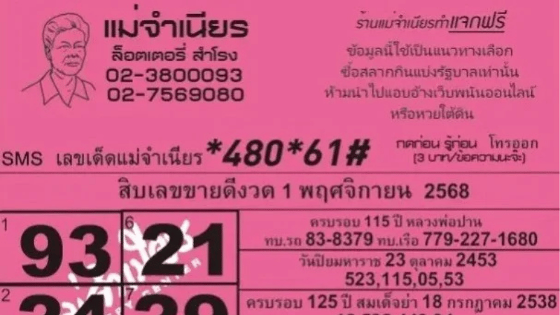 10 อันดับเลขขายดี “หวยแม่จำเนียร” งวด 1/11/68 รวมเลขมงคล–เลขดังทั่วไทยแรงต่อเนื่อง!